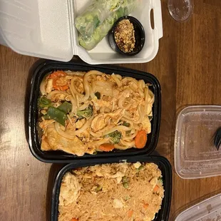 Fried rice, udon noodle and summer rolls