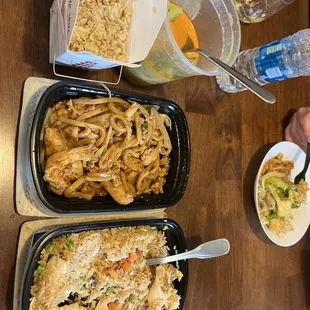 Left to right: yellow curry, udon noodles, fried rice