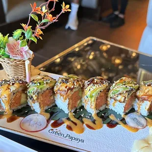 Kirin Specialty Roll. Nice and &quot;light&quot; due to the minimal layer of rice around each roll which we appreciate! &quot;Sushi-licious&quot;.