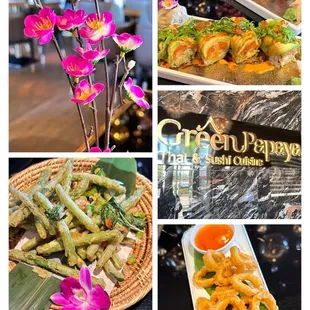 Five Spice Green Beans, Calamari Puffs, Kirin and Green Papaya Special Rolls.