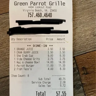 the receipt for the restaurant