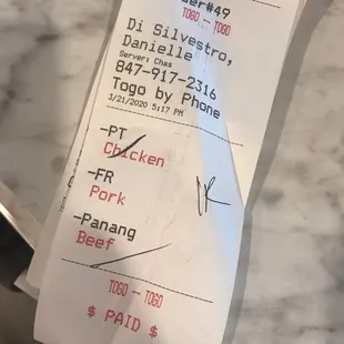 a receipt for a restaurant