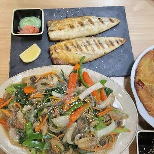 Grilled Mackerel Jobchae (vegetarian)