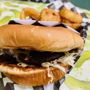 Vegetarian Portobello Sandwich with onion rings