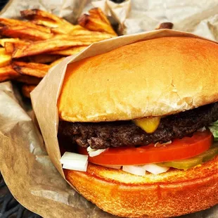 a hamburger and french fries