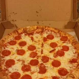 Cheesy large pepperoni pizza. Nice crust!