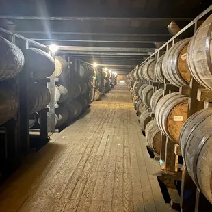 rows of wine barrels