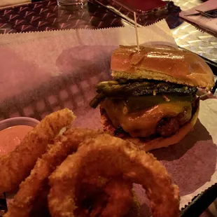 Onion Rings and Jalapeno Cheddar Burger