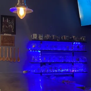 a bar with blue lights