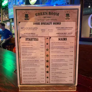 the menu for the green room
