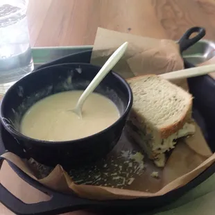 Raclette soup and tuna salad on rye.