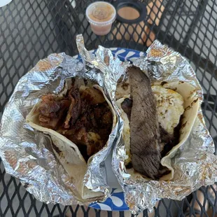 Tex-Mex (left) and Steak &amp; Eggs (right) breakfast tacos without cheese.