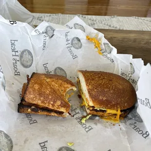 Bacon egg and cheese on sourdough roll