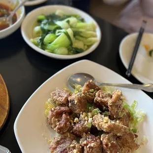 Steamed bok choy and salt and pepper pork ribs