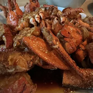 a plate of steamed crab legs