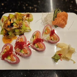 Top Green Tea Roll, bottom sweetheart roll and one order of salmon sashimi