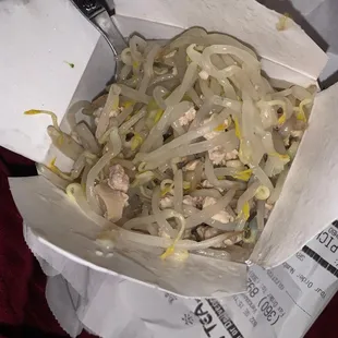 Grey, nasty bean sprouts in sauce.