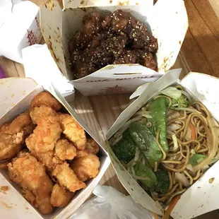 Lo mein, orange chicken, sesame chicken