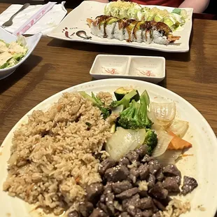 Steak Hibachi in forefront and Dancing Dragon Roll and Green Tea Roll in the back (Yum!!!)