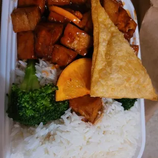 Orange tofu and a crab rangoon
