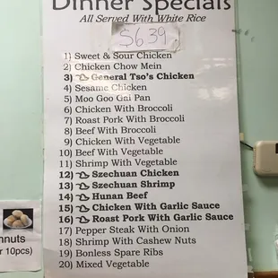 Dinner Specials.  Fried rice is $1 more. Brown rice is not an option.