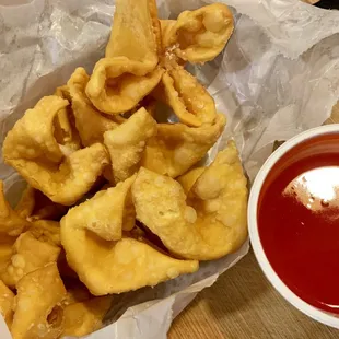 Krab Rangoon - plump ones! Neon red sauce too!