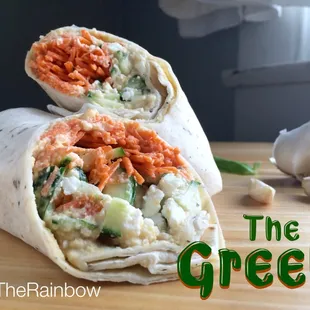Greek Wrap: House-made Hummus, Feta Cheese, Shredded Carrots, and Chopped Cucumber