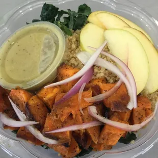 Kale &amp; Quinoa Salad: kale, quinoa, roasted sweet potatoes, apples, red onion &amp; Dijon vinaigrette.