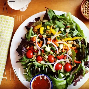 The Rainbow: Mixed Greens, Carrots, Cherry Tomato, Cucumbers, Peppers, Red Onion, &amp; Sunflower Seeds w/ Tomato-Sweet Onion Vinaigrette