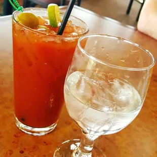 A spicy bloody and some water.
