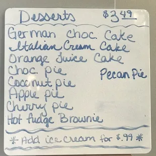 a menu for desserts