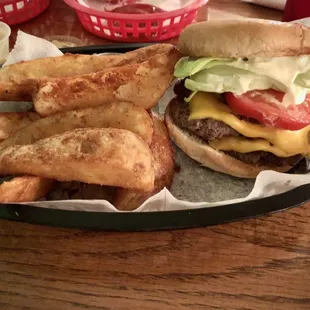 Double cheeseburger &amp; wedges. YUM!