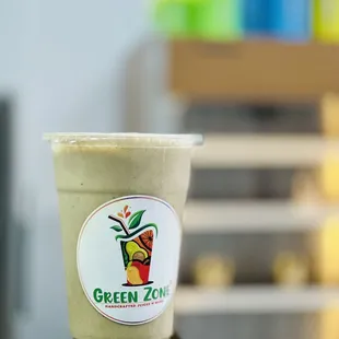 Peanut Butter Power consists of Peanut butter, banana, dates, oats, soy milk, honey. Healthy smoothie and dessert option !