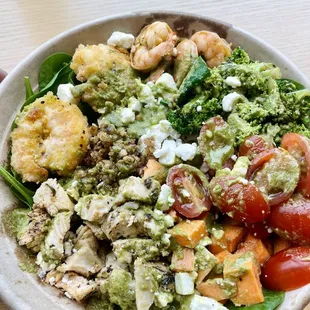 Grilled Chicken Pesto bowl with shrimp