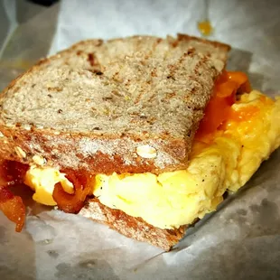 "The Commuter" breakfast sandwich.  Added cheese and subbed whole grain bread for english muffin.