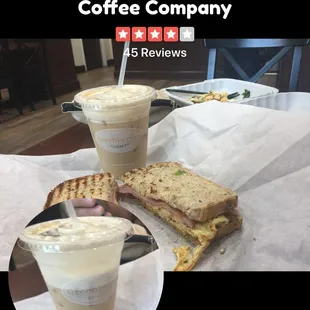 Nitro Cold Brew Vanilla Latte with a Ham, Egg, and Cheese sandwich on Whole Grain Toast.