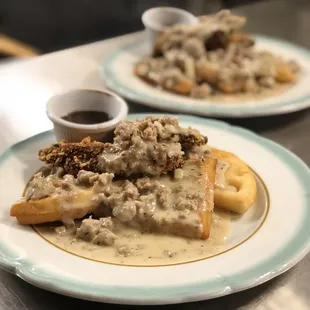 Chicken &amp; Waffles with sausage gravy.