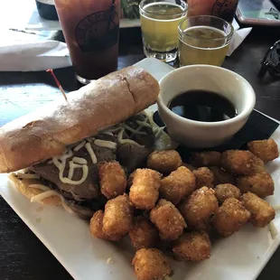 Prime Rib Sandwich and Tots