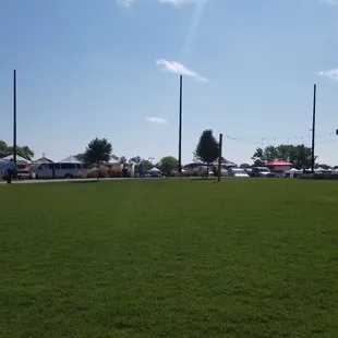 a green field with a flag flying in the background