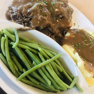 Open face roast beef sandwich with mashed taters and green beans