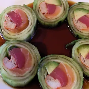 Naruto. Celery wrapped avocado,Tuna and Salmon. Wonderful!