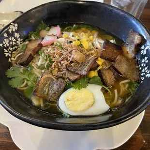 Pork belly ramen, not a true Japanese broth or ramen noodles