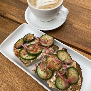 Hummus toast and honey vanilla latte