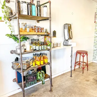 a shelf with jars of food