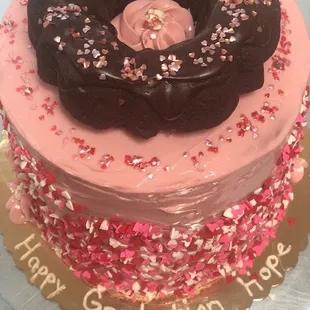 Grad Cake of 5 different flavors, plus a giant baked donut on top.  Organic -except sprinkles -, GF, whole-grain, no cane, no cane sugar)