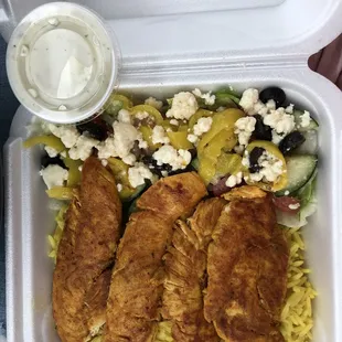 chicken and noodles in a styrofoam container