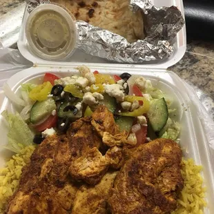 Food  was delicious very tender chicken seasoned just right next time I will as to separate the salad separate