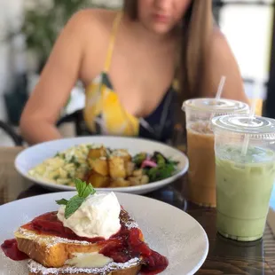Stuffed French toast and crepe with salad and house potatoes