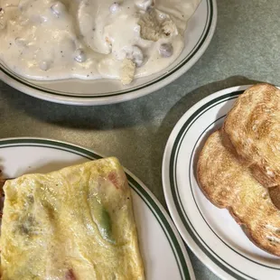 2 biscuits and gravy, veggie omelette