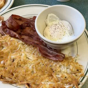 Bacon and eggs. Eggs poached perfectly.